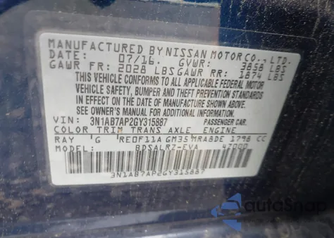 2016 Nissan Sentra Sr z USA, uszkodzony, nr VIN 3N1AB7AP2GY315887